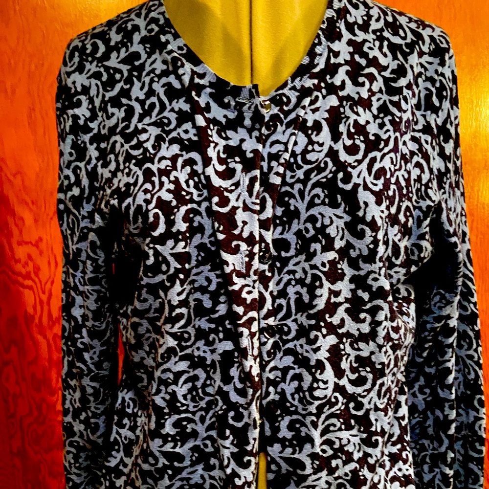 Karen Scott sweater with blue filigree pattern